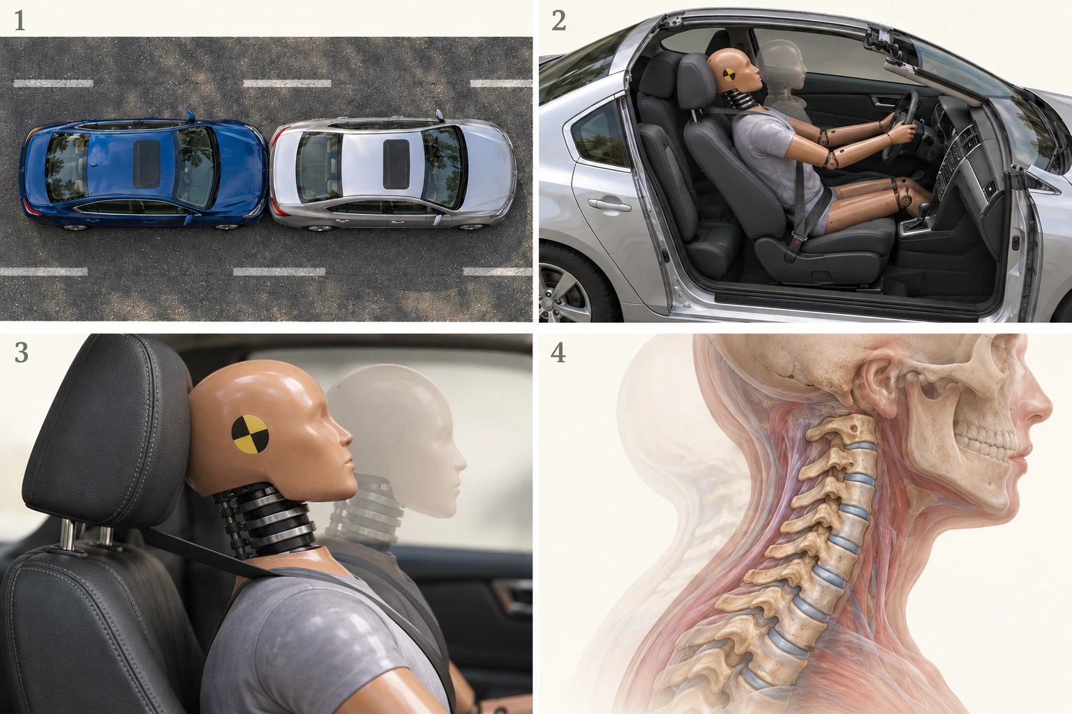 Secuencia de alcance: colisión cenital, habitáculo abierto, dummy y anatomía cervical