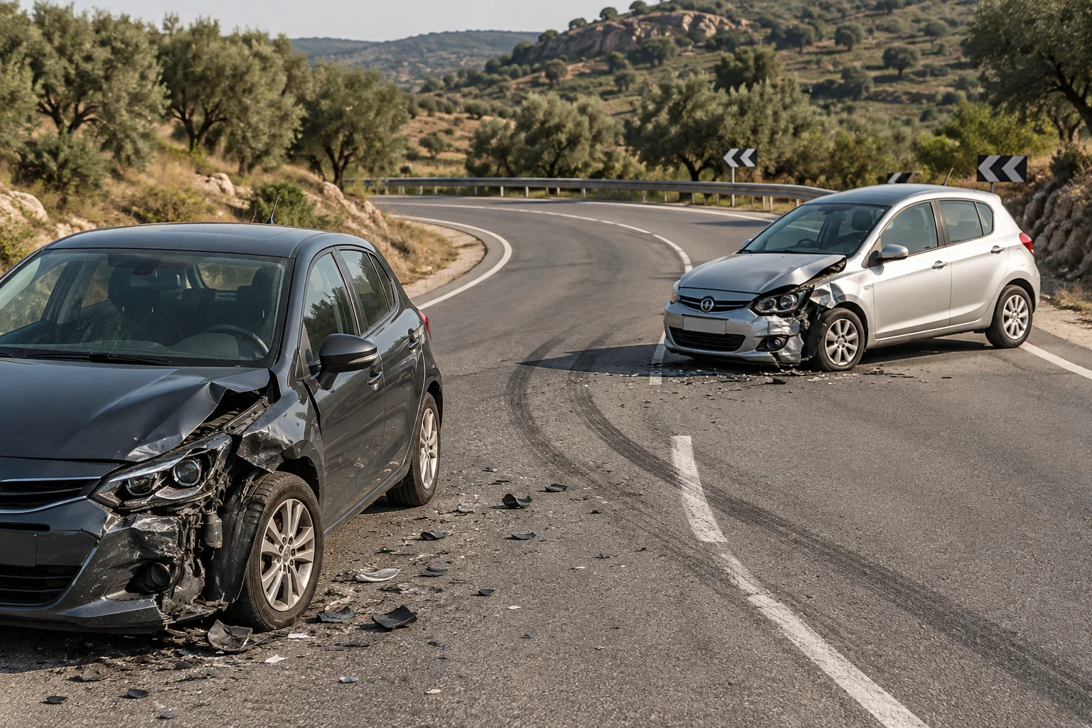 Escena sintética de dos turismos con daños en una carretera curva