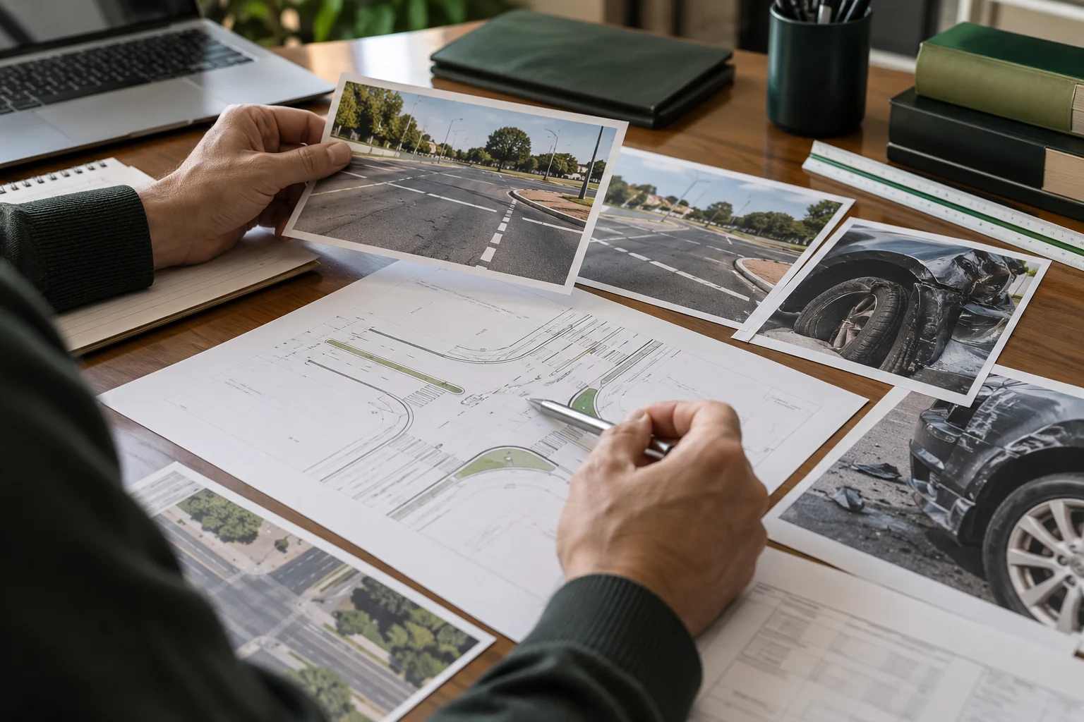 Escena ilustrativa de análisis de fotografías, documentos y croquis sobre un escritorio