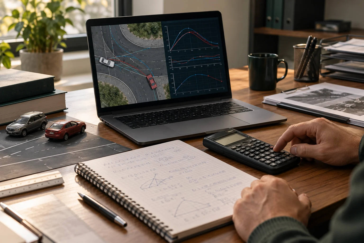 Escena ilustrativa de cálculo técnico con calculadora, anotaciones y gráficos