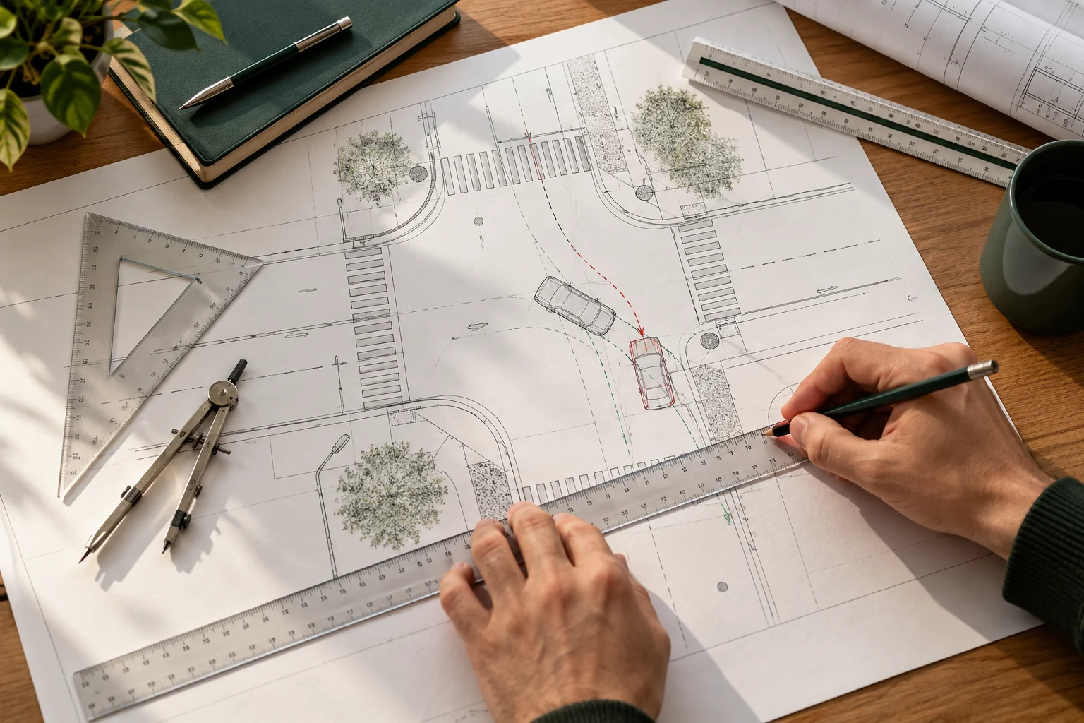 Escena ilustrativa de elaboración de un croquis de una intersección con instrumentos de dibujo