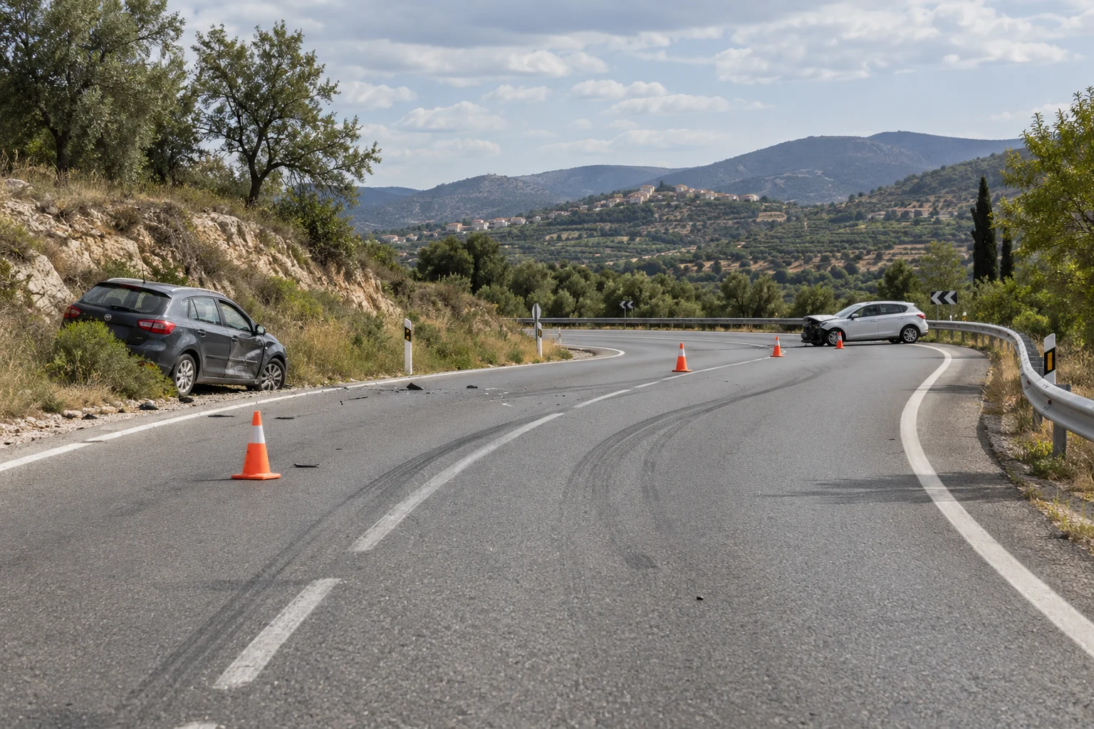 Vista panorámica ilustrativa de una curva y vehículos inmovilizados en una carretera