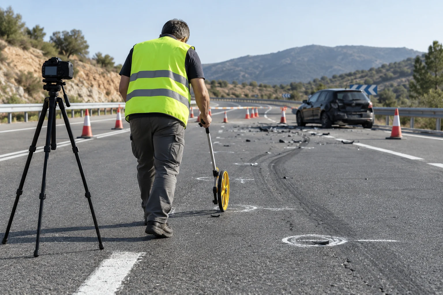 Escena ilustrativa de un técnico midiendo indicios sobre una carretera
